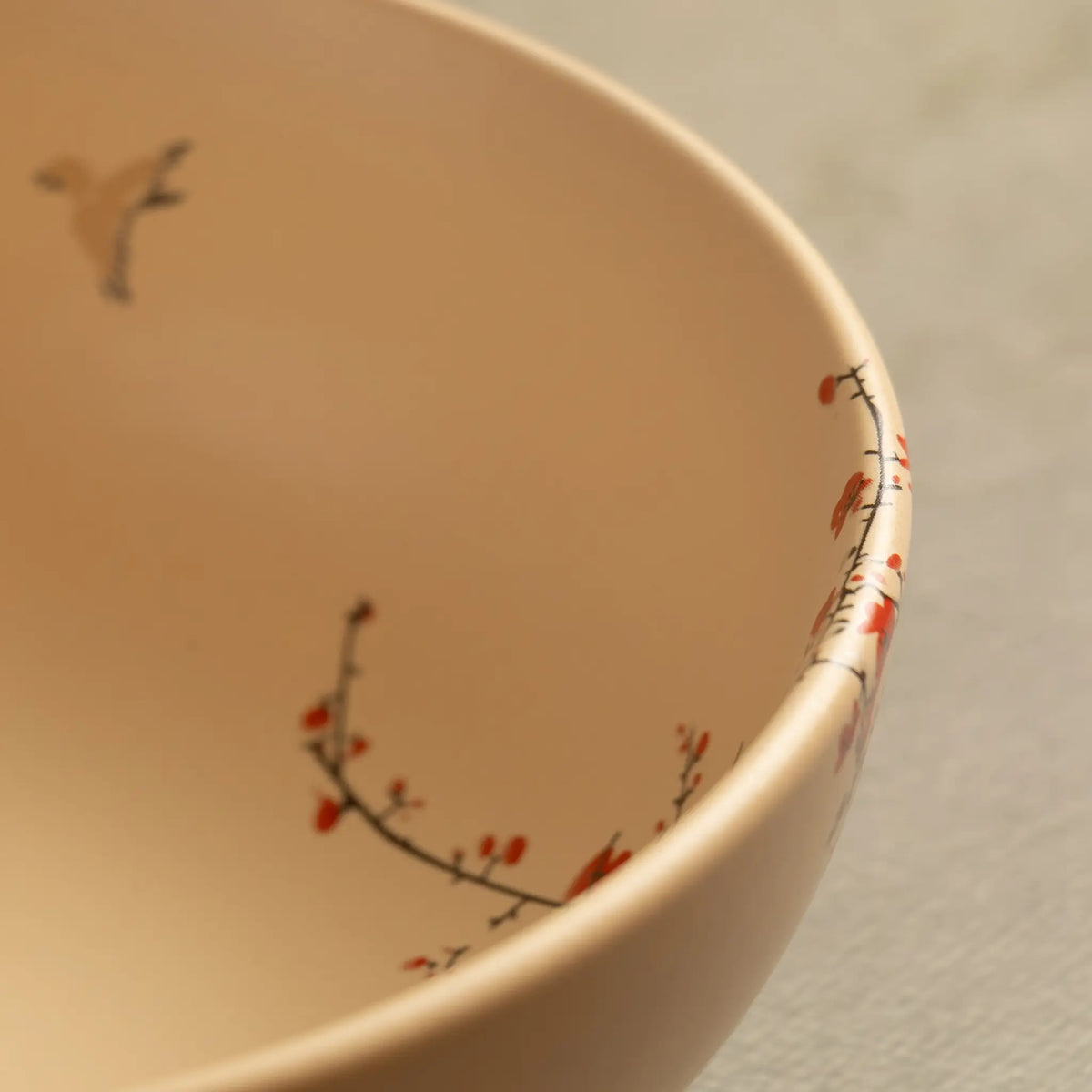 Close-up of Sakura salad bowl rim with blossom and bird detail