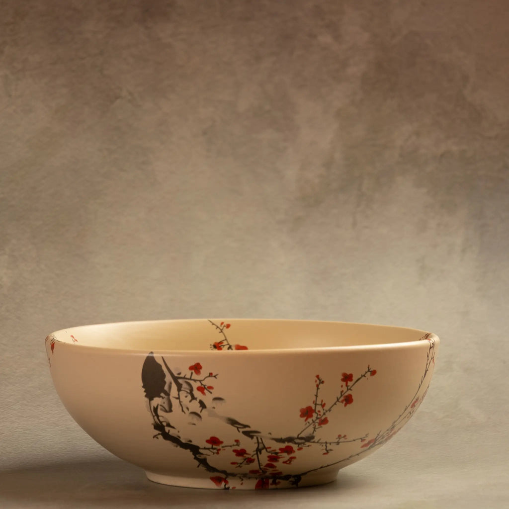 Sakura salad bowl side view with painted cherry blossom branch