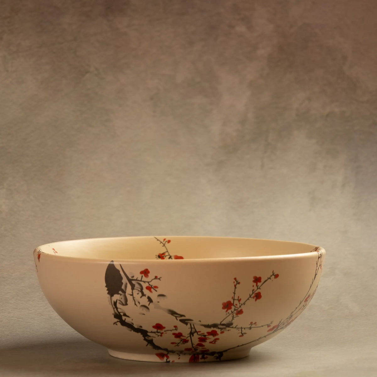 Sakura salad bowl side view with painted cherry blossom branch