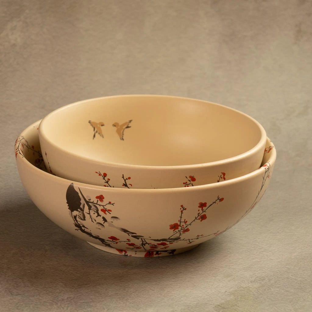 Nested Sakura salad bowls set of 2 in beige ceramic