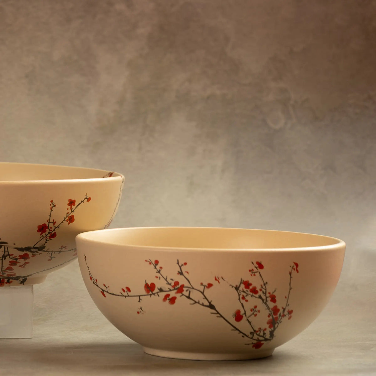 Two Sakura salad bowls with red cherry blossom branch painting