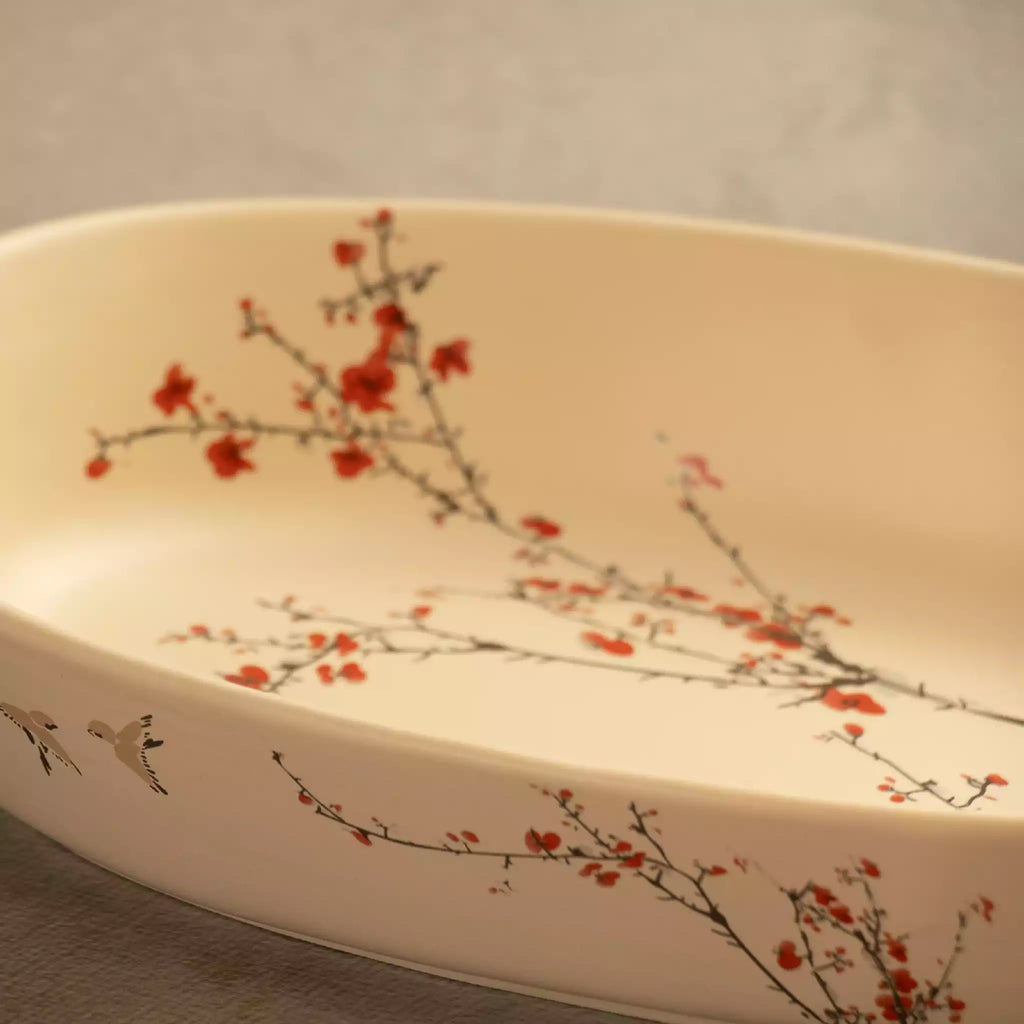 Sakura baking dish with hand-painted red cherry blossom border