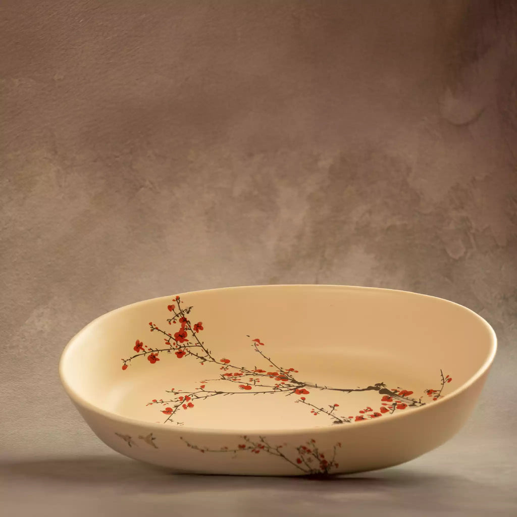 Sakura baking dish interior showing red cherry blossom painting