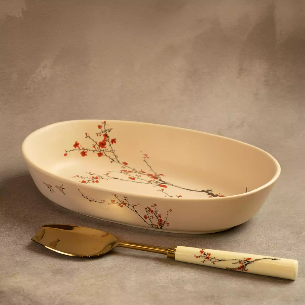 Sakura baking dish with carved brass server, cherry blossom ceramic
