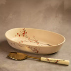 Sakura baking dish with carved brass server, cherry blossom ceramic