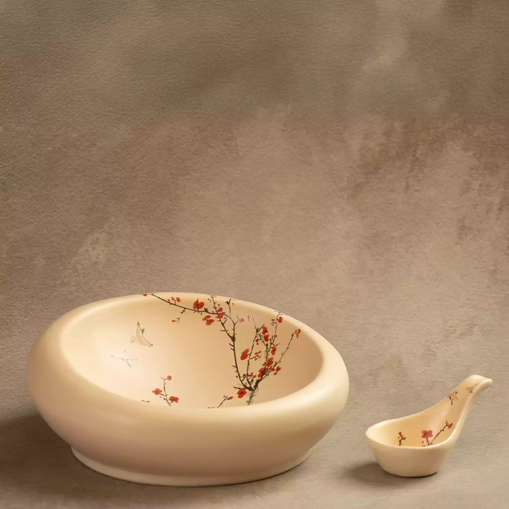 Sakura nest platter with bird spoon rest, hand-painted cherry blossom ceramic