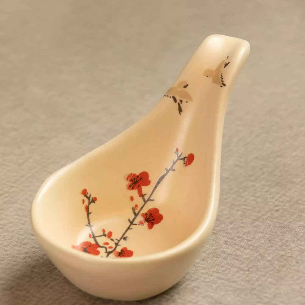 Sakura ceramic spoon rest with red cherry blossom hand-painting