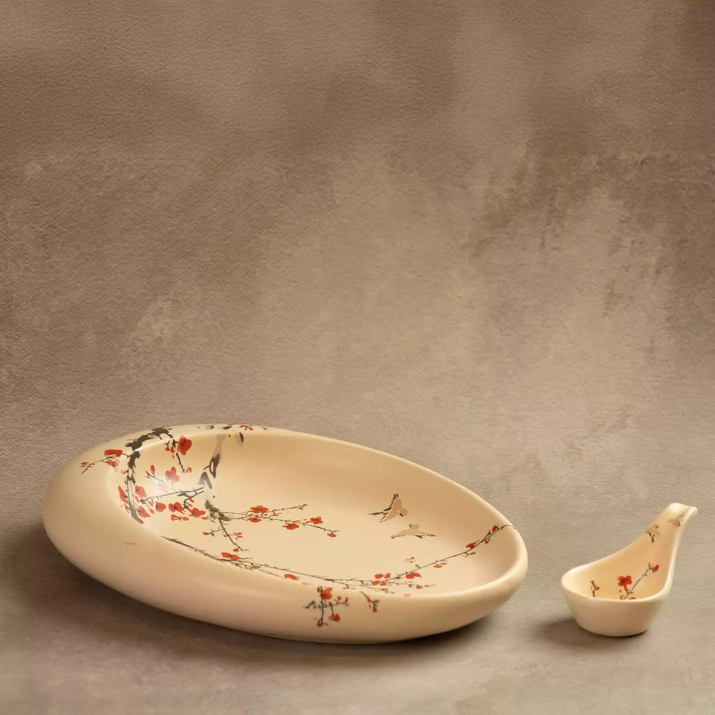 Sakura oval platter with bird-shaped dip bowl, cherry blossom design