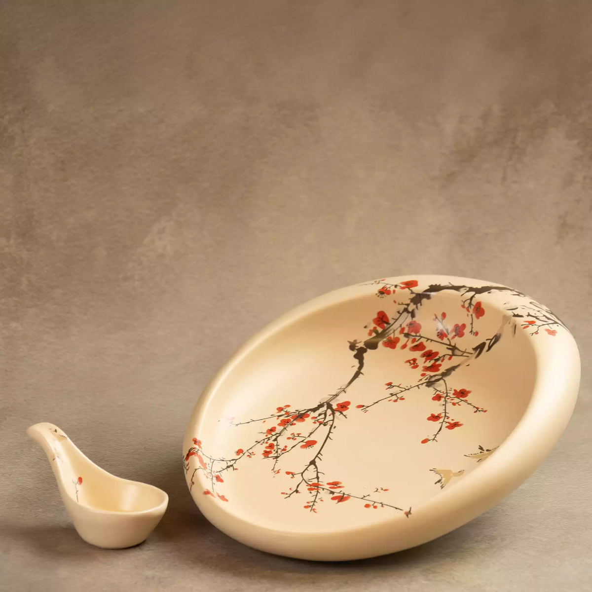 Sakura oval platter with dip bowl and bird spoon rest, blossom ceramic