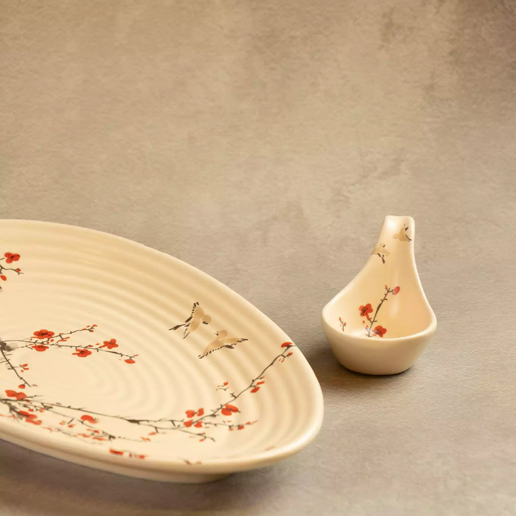Sakura leaf platter with ceramic spoon, cherry blossom design