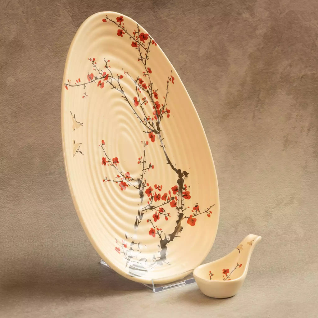 Sakura leaf platter with bird spoon rest, ribbed blossom ceramic