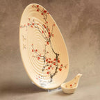 Sakura leaf platter with bird spoon rest, ribbed blossom ceramic