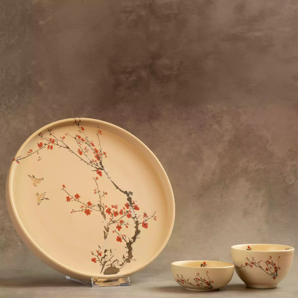 Sakura dinner plate upright with small bowl, red blossom branch