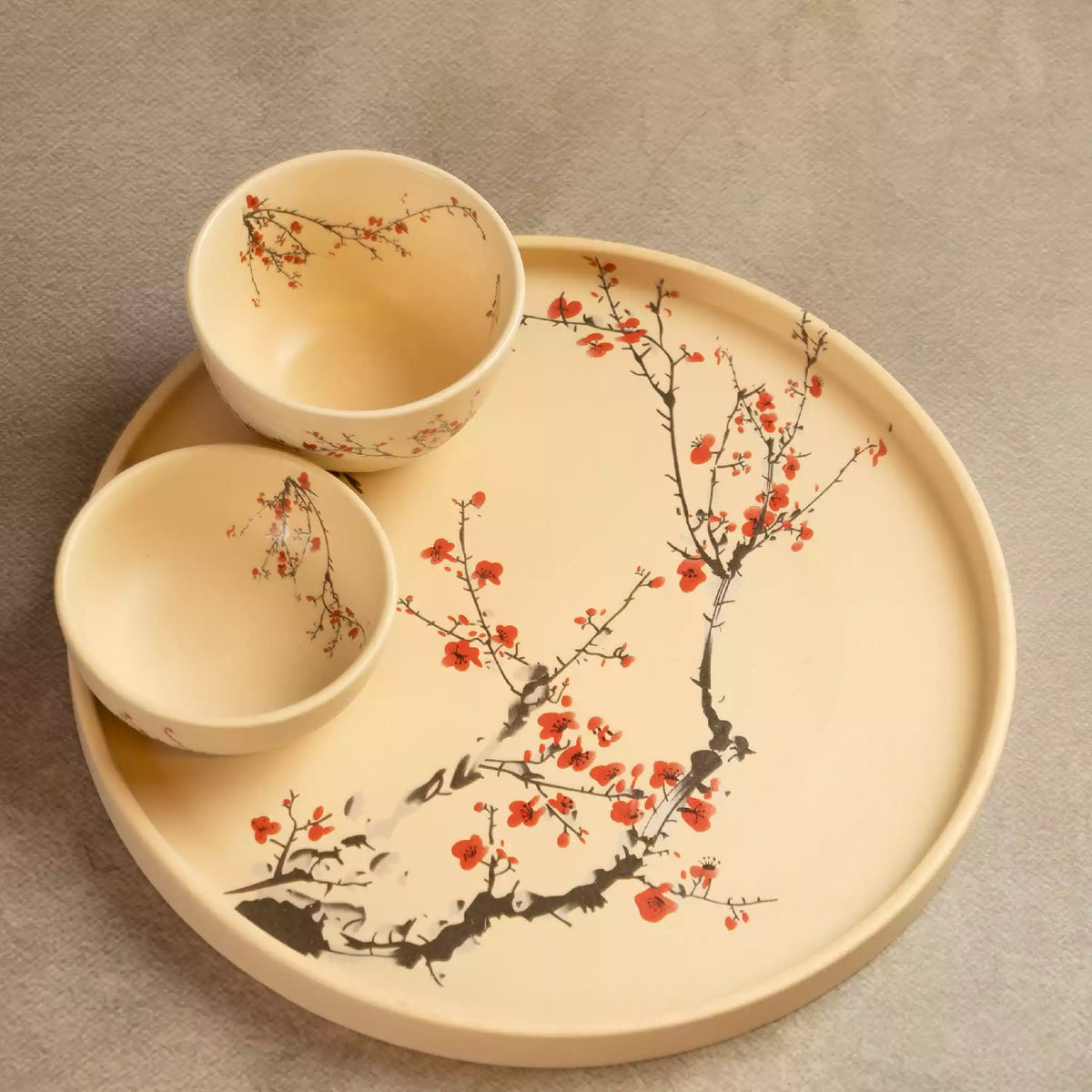 Sakura dinner plate with dip bowls, hand-painted cherry blossom