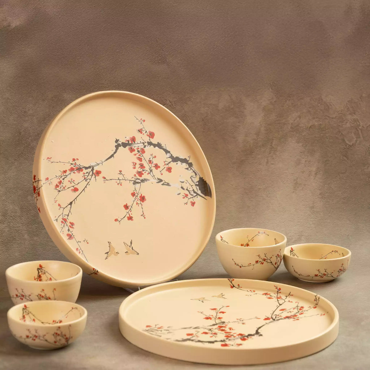 Sakura dinner plate with bowls, delicate cherry blossom ceramic set