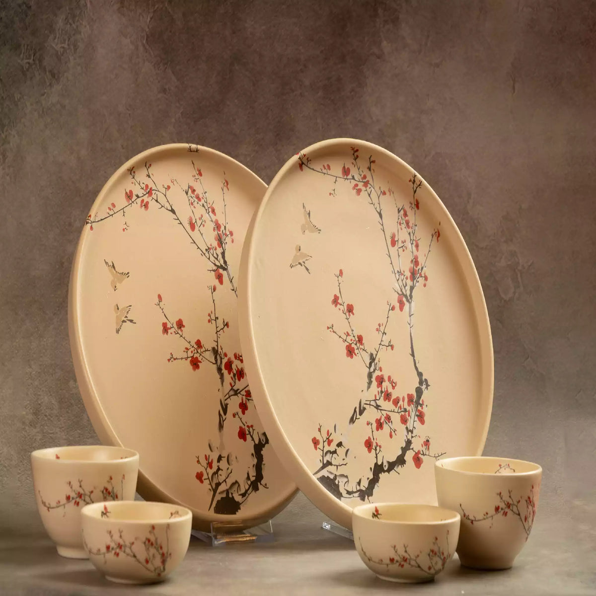 Sakura dinner plates with tea cups, hand-painted blossom set