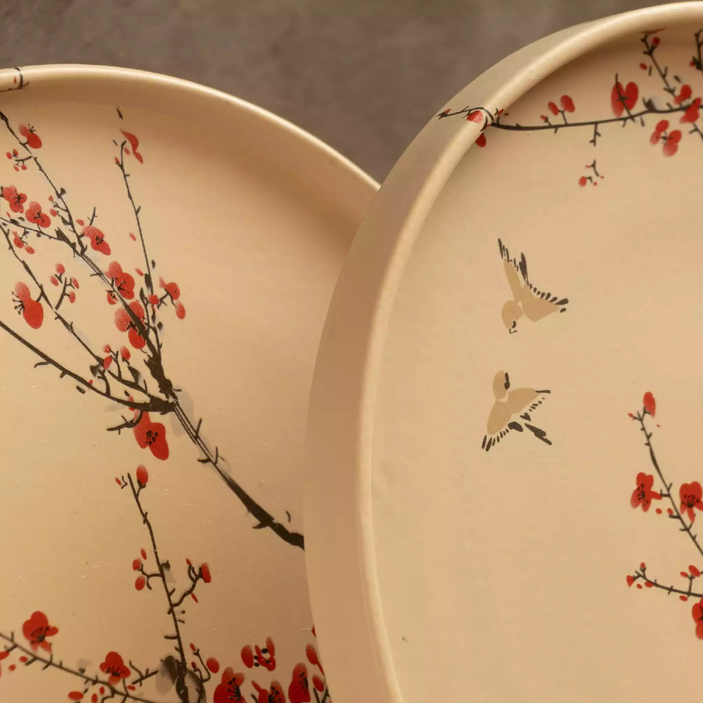 Close-up of Sakura dinner plate blossom branch and bird painting