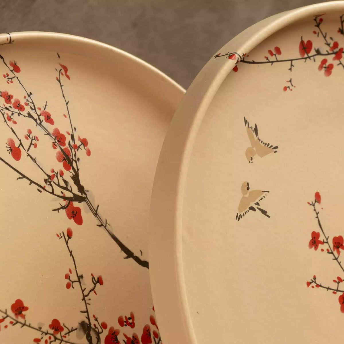 Close-up of Sakura dinner plate cherry blossom and bird artwork