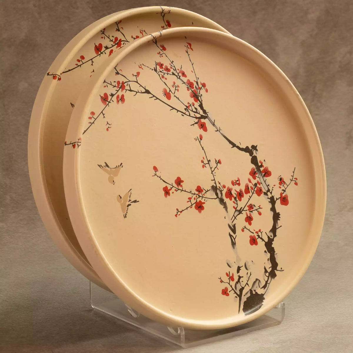 Sakura dinner plates upright showing painted blossom branches