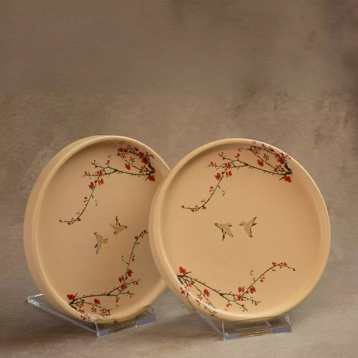 Two Sakura side plates with hand-painted cherry blossom branches