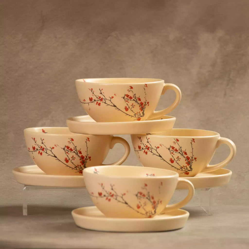 Sakura tea cup and saucer set stacked, beige cherry blossom ceramics