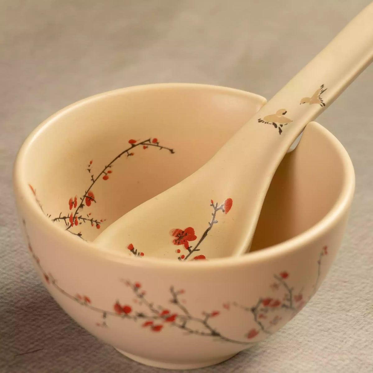 Sakura soup bowl with ceramic spoon, hand-painted cherry blossom design
