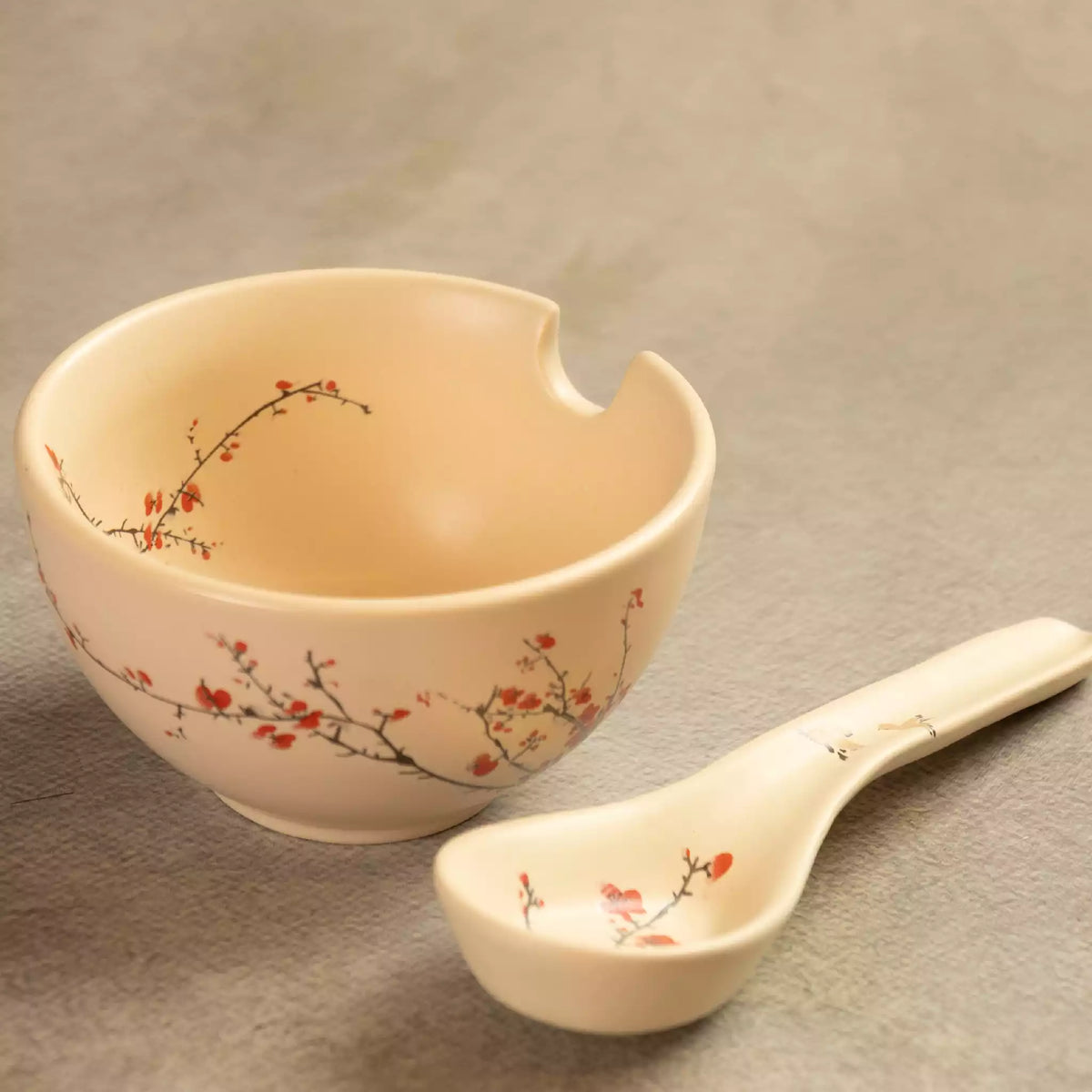 Sakura notched soup bowl with matching ceramic soup spoon