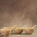 Sakura soup bowl set with ceramic spoons in a row, beige cherry blossom stoneware
