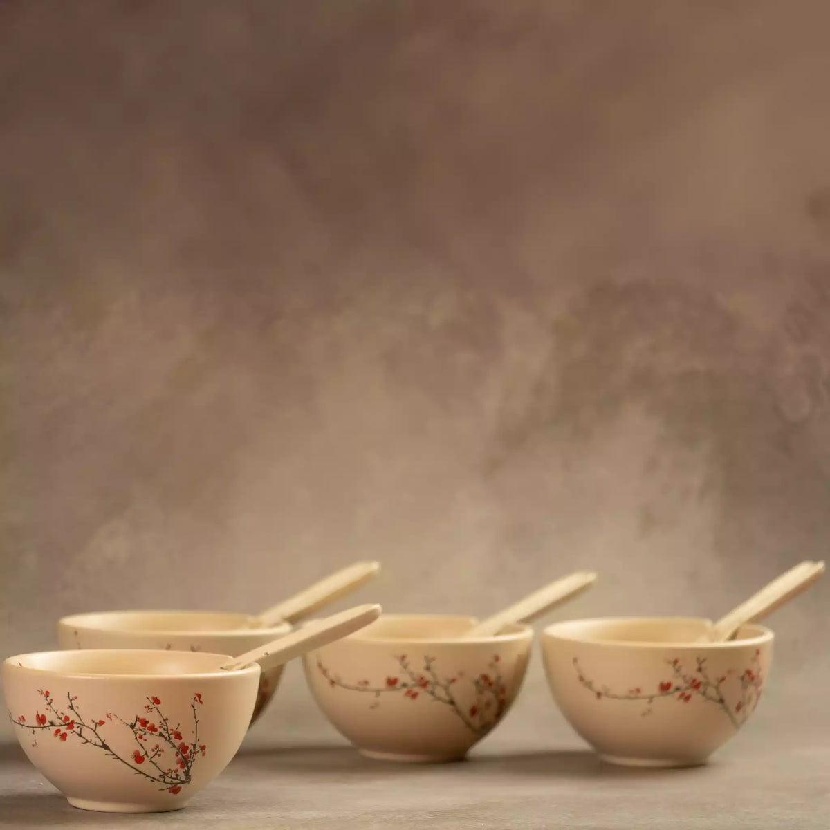 Sakura soup bowl set with ceramic spoons in a row, beige cherry blossom stoneware