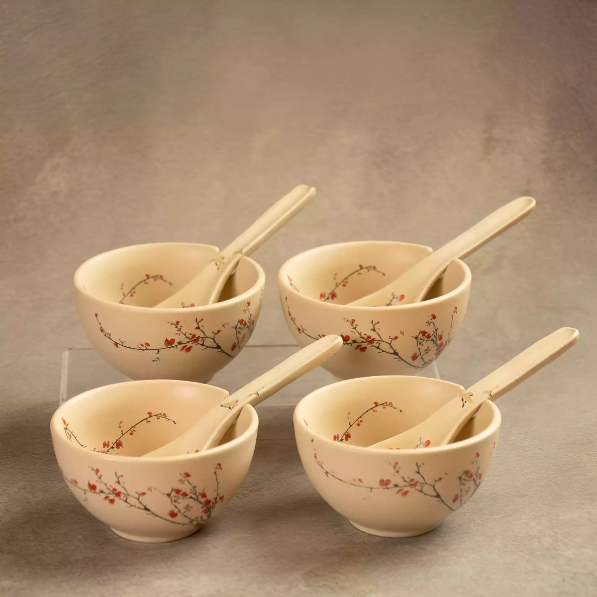 Four Sakura soup bowls with ceramic spoons, hand-painted cherry blossom set