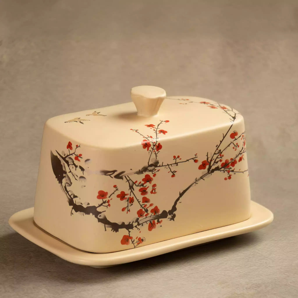 Sakura ceramic butter dish with lid, hand-painted cherry blossom design