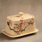 Sakura ceramic butter dish with lid, hand-painted cherry blossom design