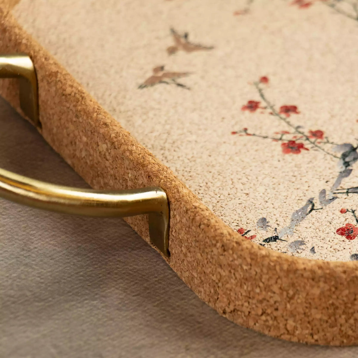 Sakura cork serving tray with brass handle, blossom design