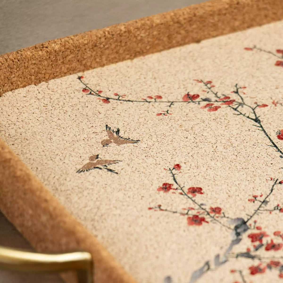 Close-up of Sakura serving tray cherry blossom and bird print
