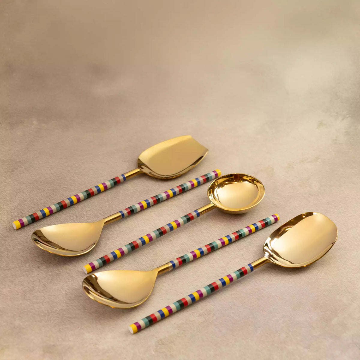 Rainbow serving spoons set of 5 with multicolour striped handles