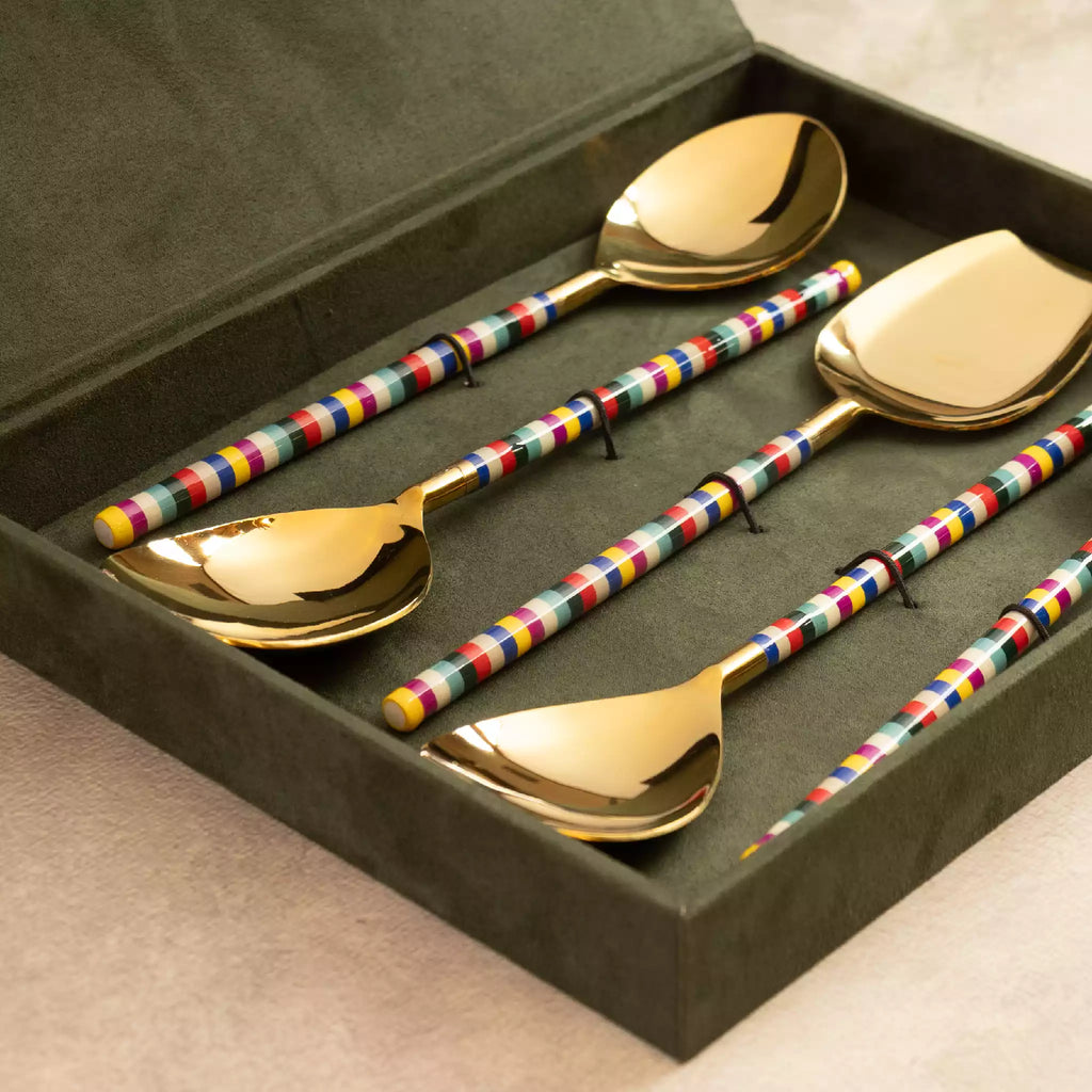Rainbow serving spoons set of 5 in green velvet gift box