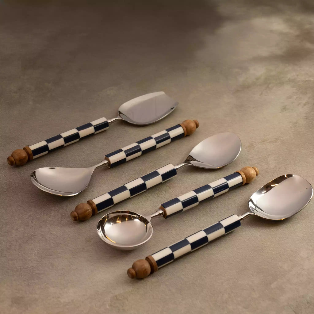 Blue checkers serving spoons set of 5 with checkerboard handles