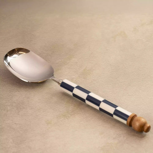 Blue checkers serving spoon with wooden knob handle
