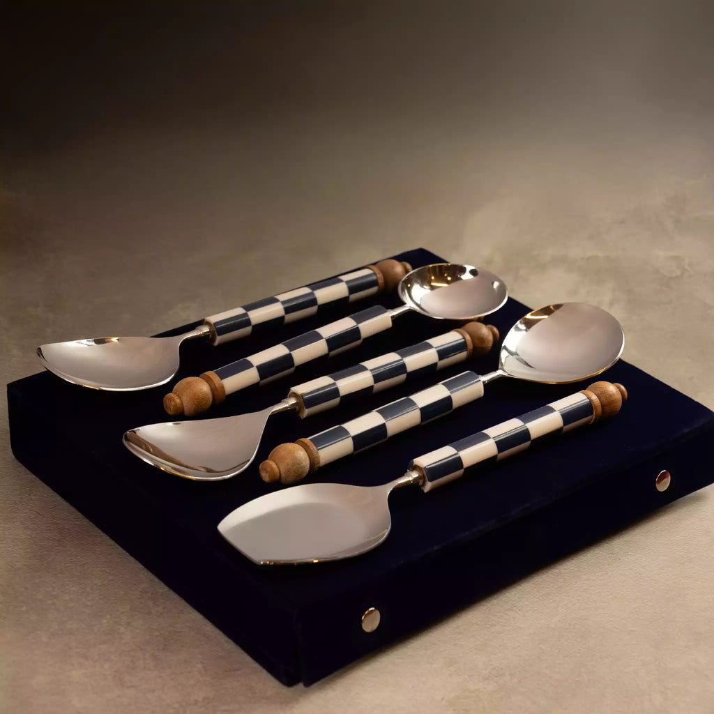 Blue checkers serving spoons set of 5 in navy velvet gift box