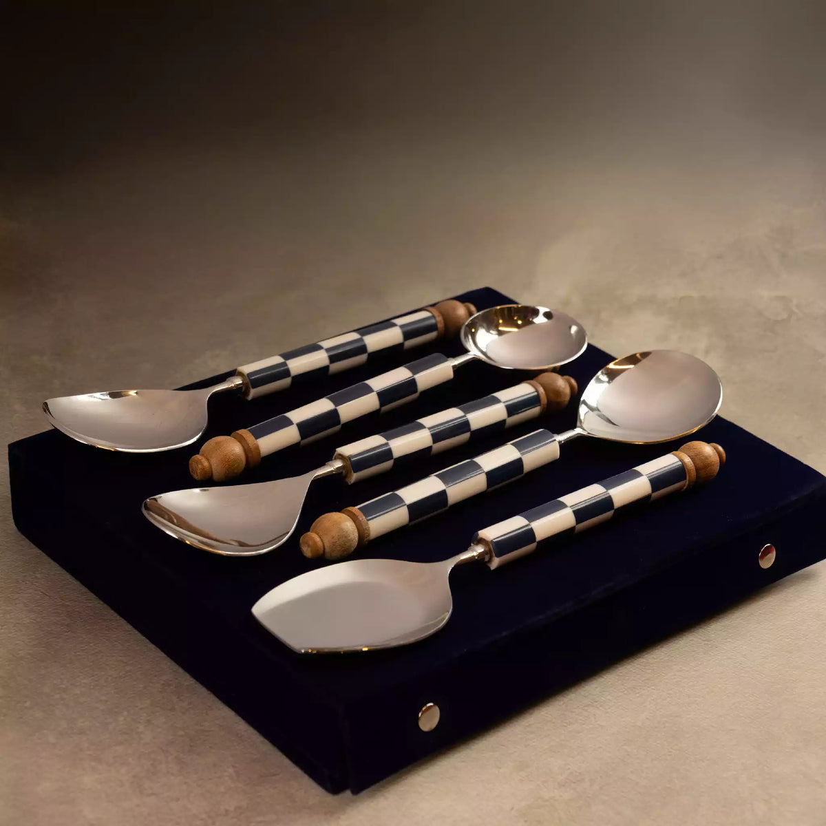 Blue checkers serving spoons set of 5 in navy velvet gift box