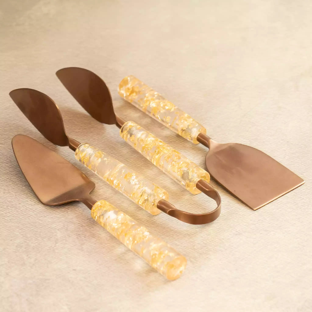 Gold dust tongs and spatulas trio with textured resin handles