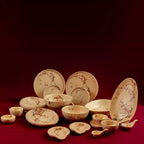 Complete Sakura dinner set of 6 styled on deep red backdrop, cherry blossom ceramics