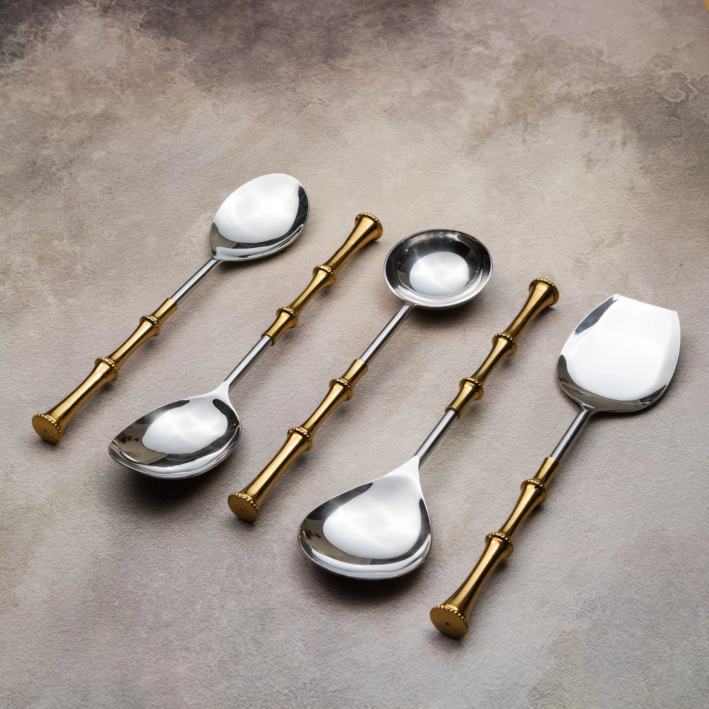 Gold rings serving spoons set of 5 with ringed brass handles