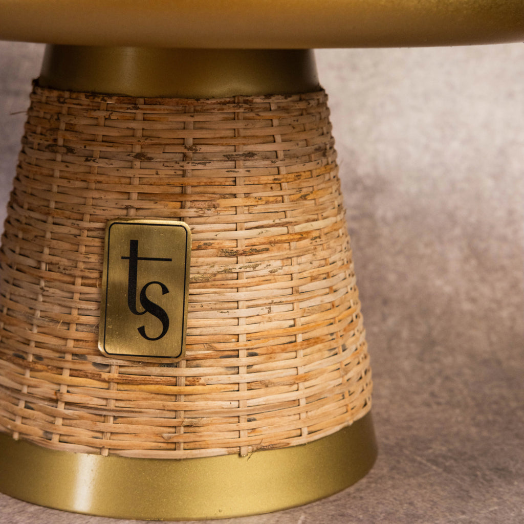Wicker and metal cake stand front view with logo