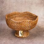 Cane fruit bowl empty with gold pedestal and logo